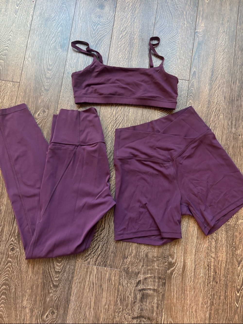 CRZ YOGA Plum/Mulberry Leggings, Shorts & Sports Bra Set